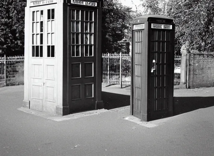 Image similar to photo of a metropolitan police box on a street in suburban london, police box, 1936, sepia