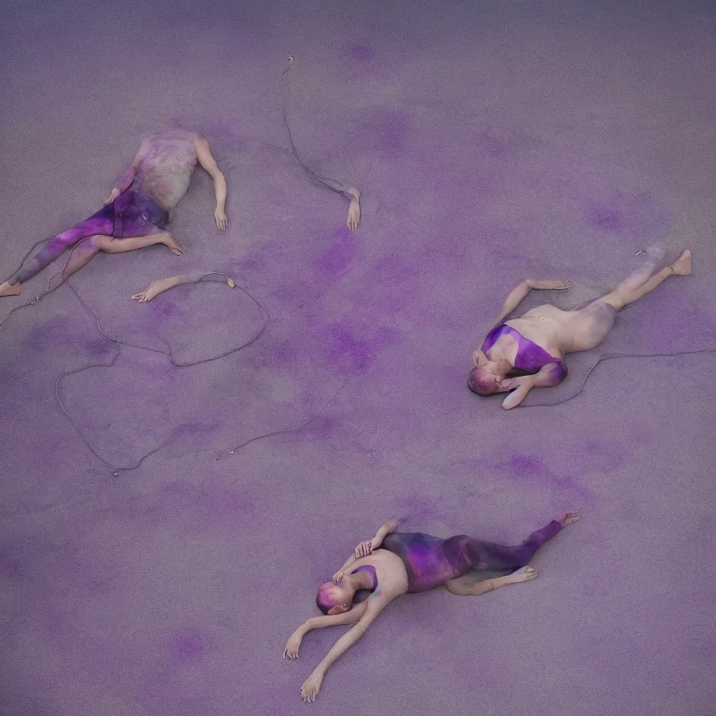 Image similar to aerial view of iridiscent oil spill in desert sand tempest with women corpses connected by cables and computers to wax forms to a buried baby relaxing on yoga mat, faded, purple gradient, dust, purple fog, depth of field, by werner herzog, hans bellmer and nadav kander, 8 k, sad atmosphere, cinematic