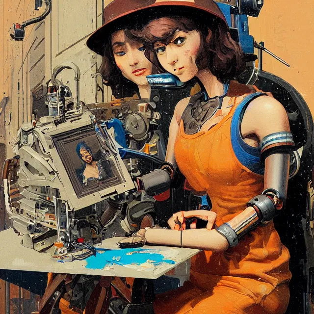 Image similar to robot artist painting a self - portrait on a canvas. intricate, highly detailed, digital matte painting, in the style of alexandros pyromallis, and in the style of sachin teng, and in the style of hans thoma, and in the style of robert mcginnis. irony, recursion, inspiration.