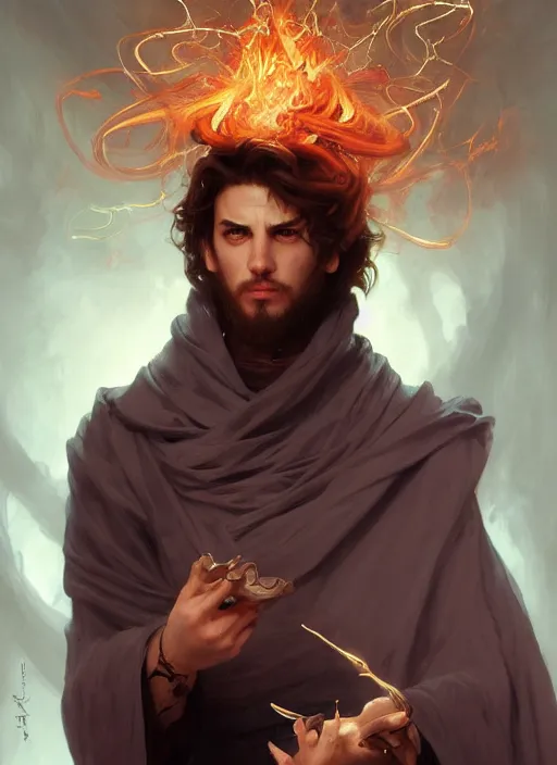 Image similar to character concept portrait of an attractive young angry Spanish wizard with pale red skin enchanting a flaming spell, a floating iridescent spell book in the center, intricate, elegant, digital painting, concept art, smooth, sharp focus, illustration, from Metal Gear, by Ruan Jia and Mandy Jurgens and William-Adolphe Bouguereau, Artgerm