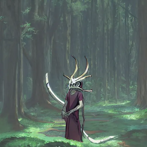 Prompt: concept art painting of an anthropomorphic dragon king with black robes, a long neck, and skull mask, in a deep forest, cel shaded, in the style of makoto shinkai and james gurney and studio ghibli and moebius