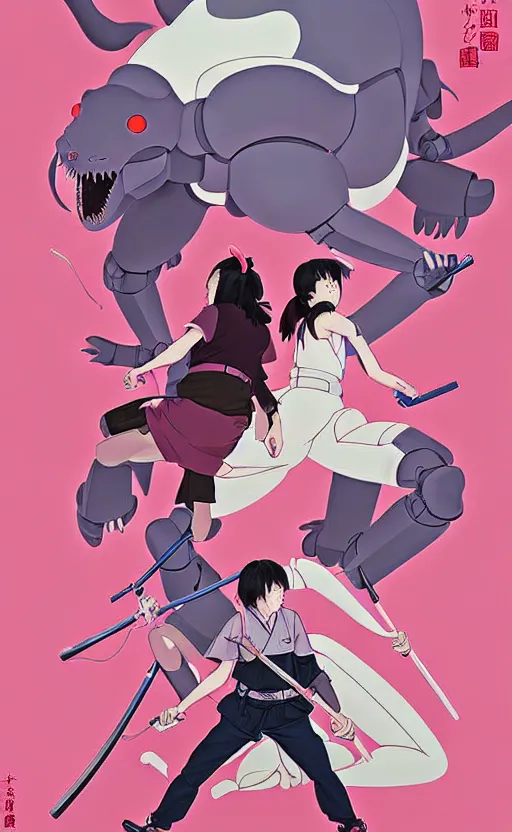 Prompt: Artwork by James Jean, Phil noto and hiyao Miyazaki; a young Japanese future samurai police girl named Yoshimi battles an enormous looming evil natured carnivorous pink robot on the streets of Tokyo; Japanese shops and neon signage; crowds of people running; Art work by studio ghibli, Phil noto and James Jean