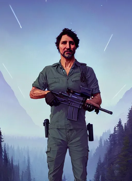 Prompt: highly detailed portrait justin trudeau in prison jumpsuit holding ar - 1 5! in gta v stephen bliss unreal engine fantasy art by greg rutkowski loish rhads ferdinand knab makoto shinkai lois van baarle ilya kuvshinov rossdraws tom bagshaw global illumination radiant light detailed intricate environment