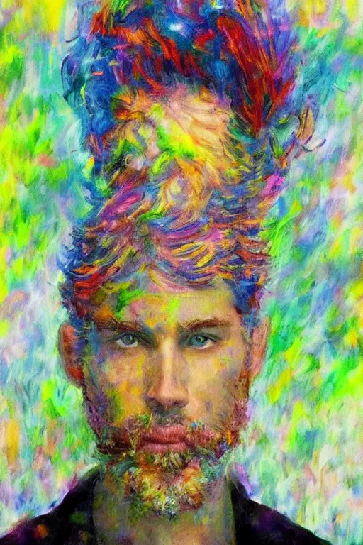 Prompt: ultra realistic impressionist painting of a man with swirls of color emanating from his head