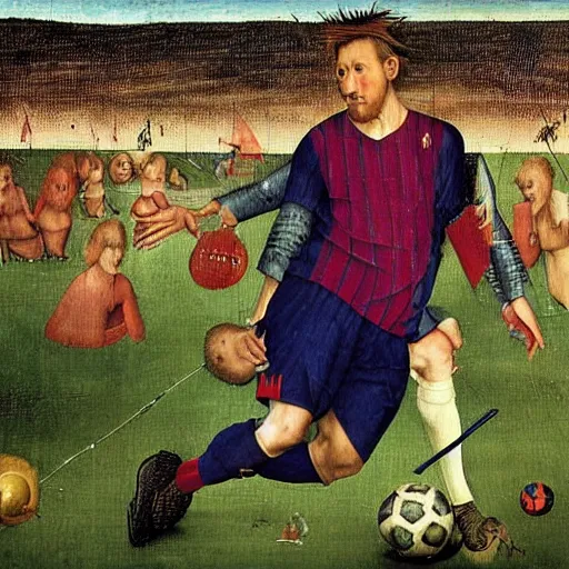 Prompt: messi by hieronymus bosch