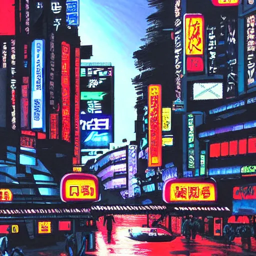 Image similar to synthwave painting of cyberpunk shibuya tokyo,