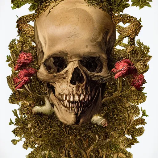 Image similar to a beautiful detailed front view rococo portrait of a rotten woman corpse becoming almost a skull with face muscles, veins, artery, fractal plants and fractal flowers and mushrooms growing around, intricate, ornate, volumetric light, beautiful lit, beetlejuice