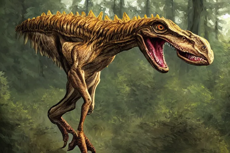 Prompt: highly detailed photograph of a oil velociraptor!!!!! in the forest, featured on pixiv