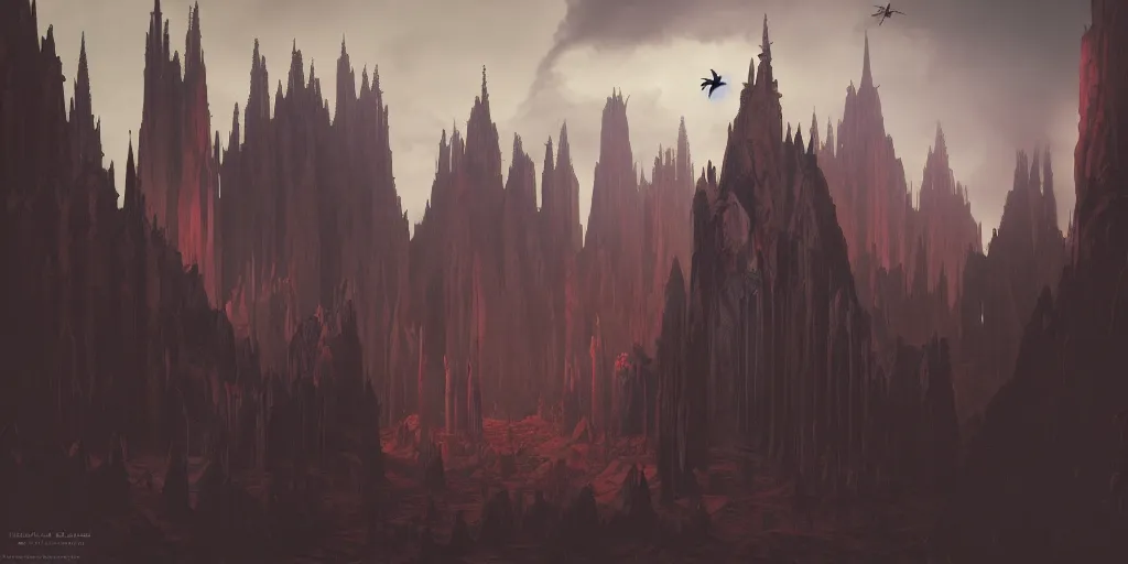 Image similar to dramatic render of a cathedral, gothic architecture, tall spires, top of a red rock canyon, vultures, 24mm angle, concept art by studio ghibli and eddie mendoza, atmospheric, moody, dark, cinematic, volumetric lighting, 8K