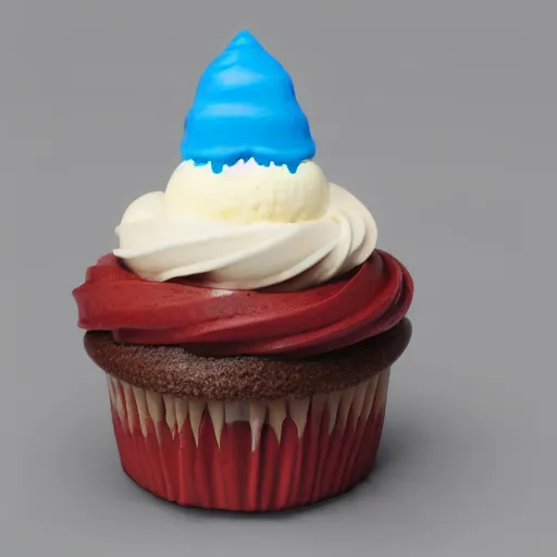 Image similar to ice cream cupcake shaped like screaming chucky doll, octane render, centered, ultrarealistic