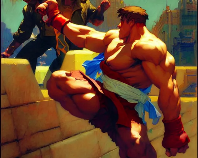 Image similar to street fighter ii, cool colors, hard angles, painting by gaston bussiere, craig mullins, j. c. leyendecker, tom of finland