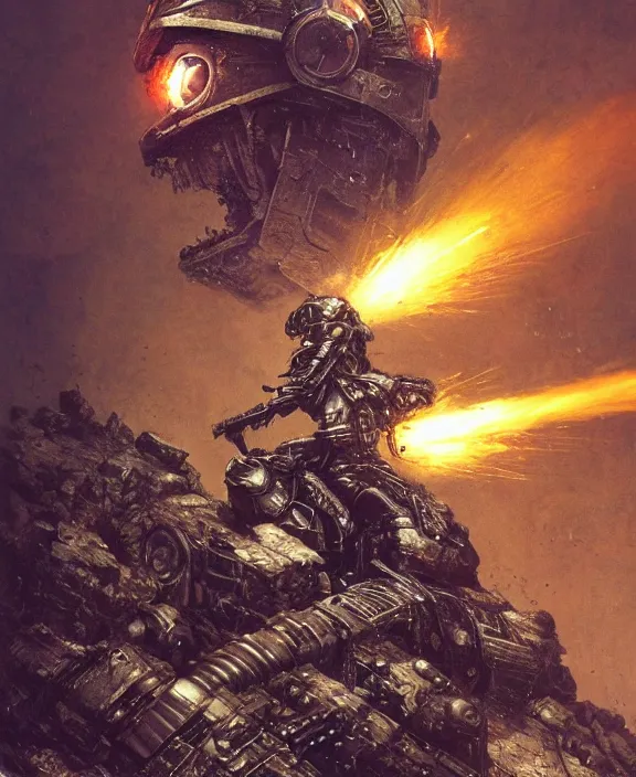 Image similar to a soldier in steampunk armour charging the enemy amongst powerful explosions, by HR Giger and Beksiński and Stephan Martiniere , 4k resolution, detailed, trending on artstation