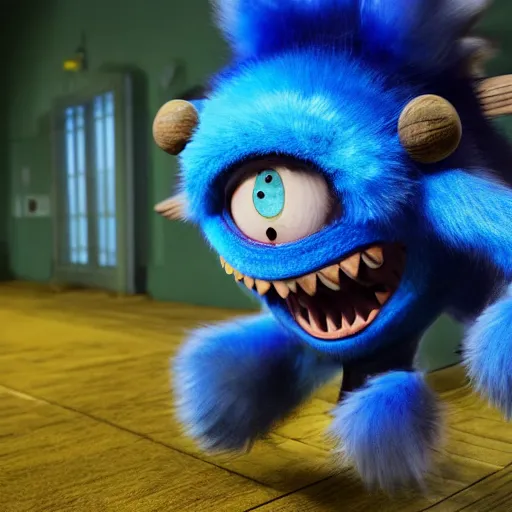 Prompt: A terrified adorable cute child-sized anthropomorphic monster with blue fur,wearing a red back pack,standing in front of a preschool classroom,Studio Ghibli,mastery of color grading and detail,insanely detailed and intricate,hyper realistic octane 3D,golden Ratio,ArtStation,ultra high quality,hires textures,detailed real expression on every face,photoreal UHD 8K,dramatic pixar render,wide shot