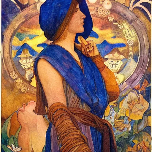 Prompt: the night crown and lantern, by Annie Swynnerton and Nicholas Roerich and Diego Rivera, flowing robes, floral tattoos, elaborate costume, geometric ornament, symbolist, soft colors, dramatic lighting, smooth, sharp focus, extremely detailed