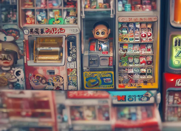 Image similar to closeupof portrait of tin toy tokyo corner store and vending machines, depth of field, zeiss lens, detailed, centered, photoshoot, by nicoletta ceccoli, mark ryden, lostfish, breathtaking, 8 k resolution, extremely detailed, beautiful, establishing shot, artistic, hyperrealistic, octane render, - h 7 0 4