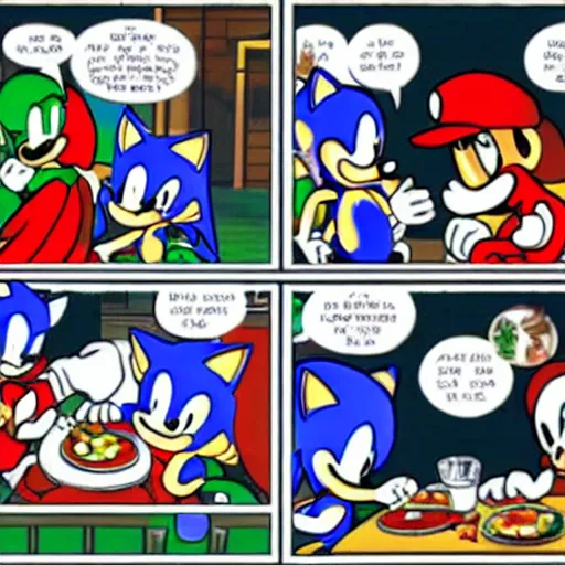 Image similar to sonic and mario having dinner together at a restaurant, setting their differences aside and having a talk