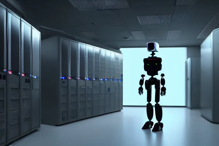 Prompt: humanoid robot in a server room, inception, blade runner, the fifth element, fisheye, volumetric octane render