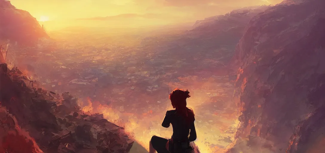 Prompt: a woman sitting on a cliff, burning city, dramatic sunset, by ilya kuvshinov, krenz cushart, Greg Rutkowski, trending on artstation