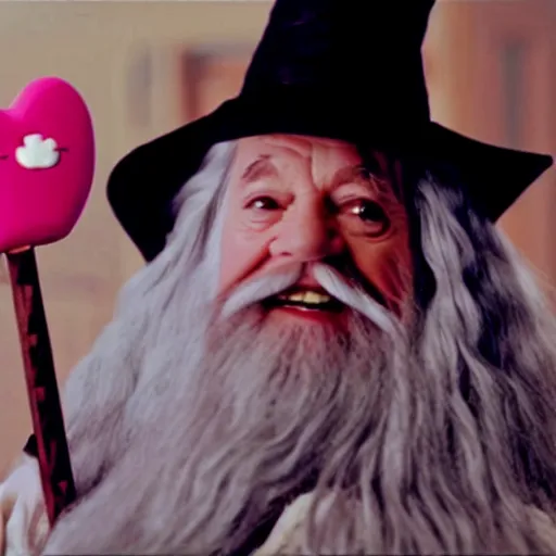 Image similar to portrait of Gandalf dressed up as hello kitty,smiling kindly, movie still from Lord of the Rings