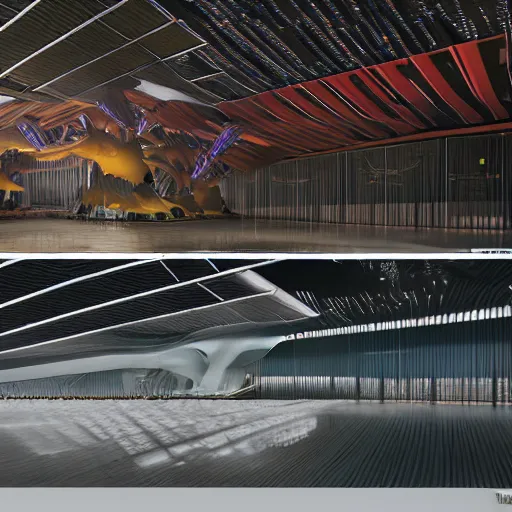 Image similar to sci-fi organic brutalism speed dynamic o x u airport interior wall panel on the coronation of napoleon painting and digital billboard in the middle, unreal engine 5, keyshot, octane, artstation trending, ultra high detail, ultra realistic, cinematic, 8k, 16k, in style of zaha hadid, in style of nanospace artstation, in plastic,dark, tilt shift,