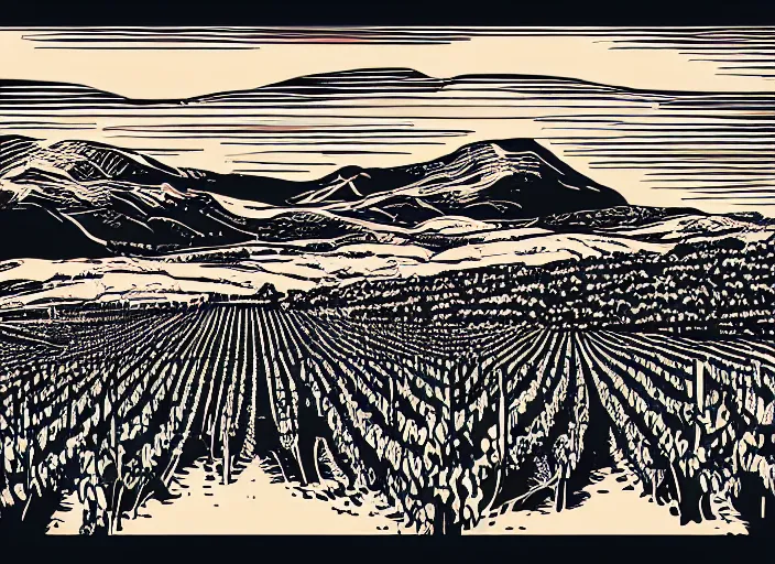 Prompt: wine label, vector graphic, linocut vineyard landscape by greg rutkowski, fine details, highly detailed