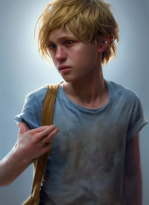 Image similar to ( ( ( ( ( hyperrealist cg of blonde boy thief ) ) ) ) ) by daniel f. gerhartz and matt stewart, fantasy, photorealistic, octane render, unreal engine, dynamic lighting, perfect factions, very detailed faces, trending on artstation, poster, volumetric lighting, 4 k, award winning