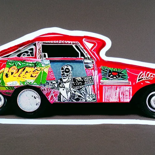 Prompt: sportscar made out of punk album art sleeves, 3 5 mm film