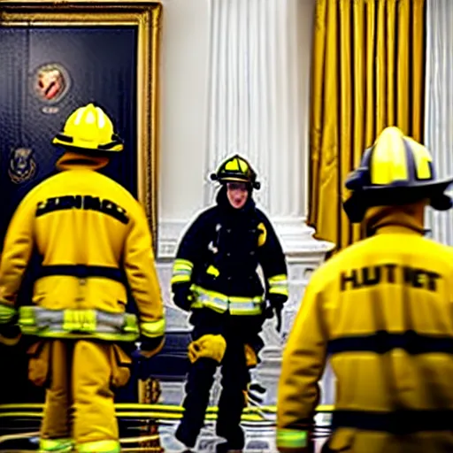 Prompt: one heroic firefighters with black and yellow uniforms in action inside white house, interior background, fire flames, sharp details, sharp focus