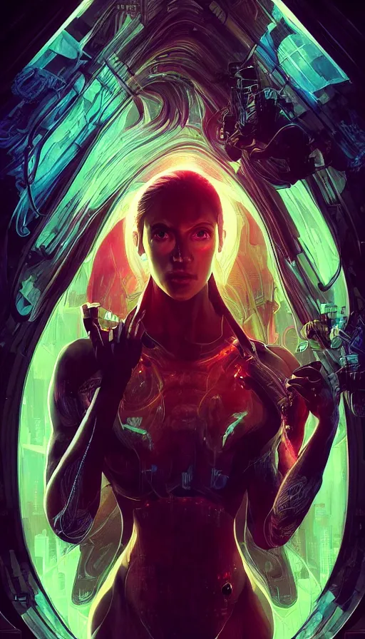 Image similar to altered carbon, ghost in the shell, matrix, neon, fibonacci, sweat drops, insane, intricate, highly detailed, digital painting, artstation, concept art, smooth, sharp focus, illustration, Unreal Engine 5, 8K, art by artgerm and greg rutkowski and alphonse mucha