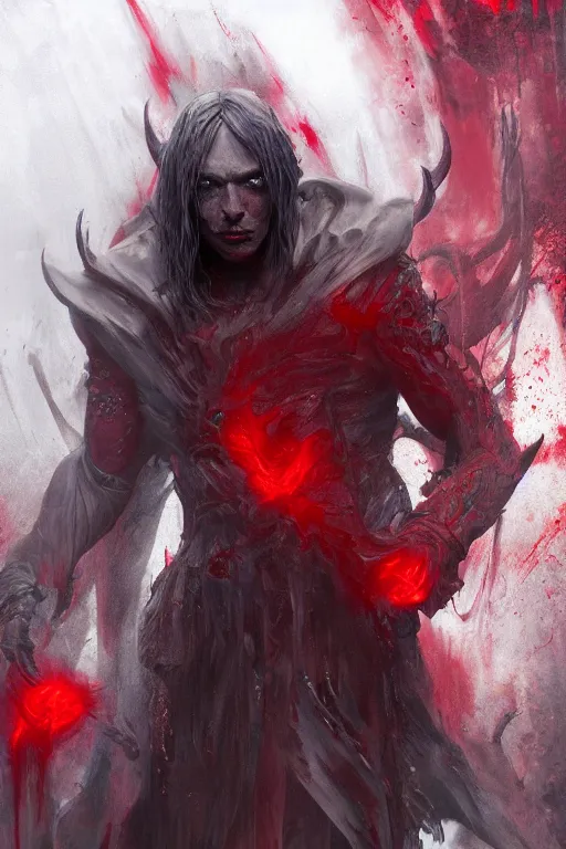 Image similar to demon with red magic in his hands, dark, intricate, highly detailed, epic, digital painting, artstation, concept art, digital illustration by Ruan Jia and Mandy Jurgens and Wayne Barlowe and Greg Rutkowski and Zdislav Bekinski