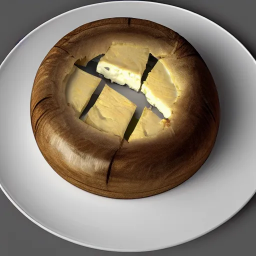 Image similar to Camembert on a shiny plate on it, award winning photograph, artstation, incredible quality, hyperrealistic, sharp, high resolution