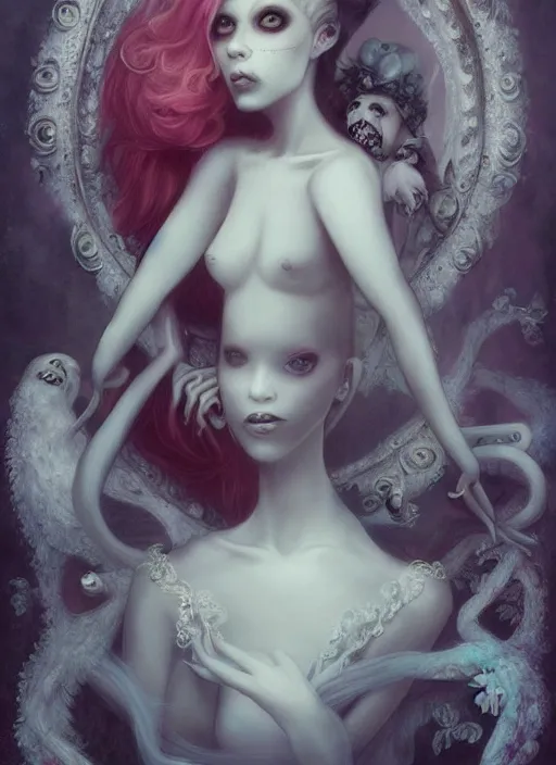 Prompt: pop surrealism, lowbrow art, realistic cute bride pale ghost girl painting, hyper realism, muted colours, rococo, natalie shau, loreta lux, tom bagshaw, mark ryden, trevor brown style,