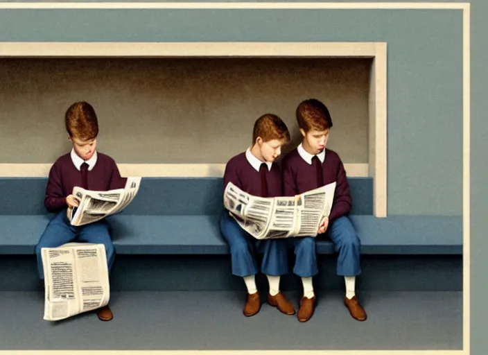 Image similar to a very boring day in school, kids wearing identical clothes reading newspapers, painting by quint buchholz and ray caesar, muted colors, gray, dull, boring, low energy, pale blue faces, very detailed