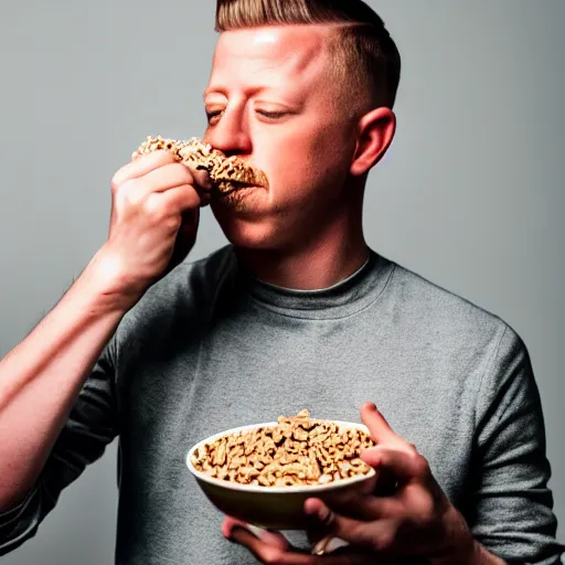 Image similar to macklemore eating cereal at home, photography, depth of field, 7 0 mm lens, studio lighting,