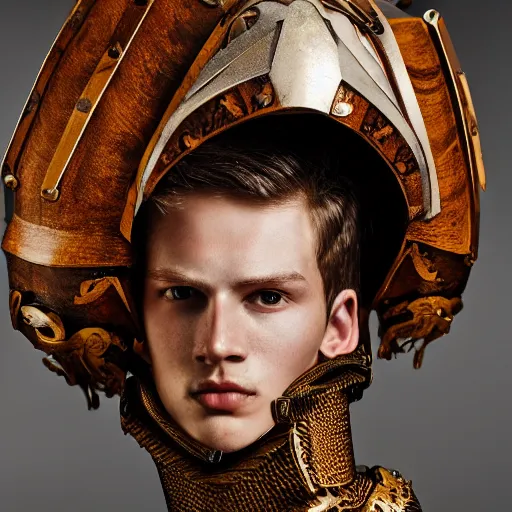 Image similar to a portrait of a beautiful young male wearing an alexander mcqueen armor made of wood , photographed by andrew thomas huang, artistic