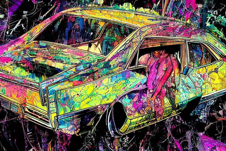 Image similar to psychedelic cadillac illustrations by Ralph Steadman and Bill sienkiewicz and carne griffiths