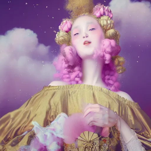 Prompt: 8 k, octane render, realism, tonalism, renaissance, rococo, baroque, portrait of a young - lady wearing long - harajuku manga - dress with flowers and skulls, cotton candy!! ( background chaotic gold leaf flowers )