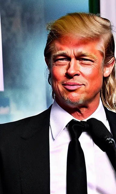 Prompt: brad Pitt stars as Donald Trump, Satire Jurassic park film movie poster