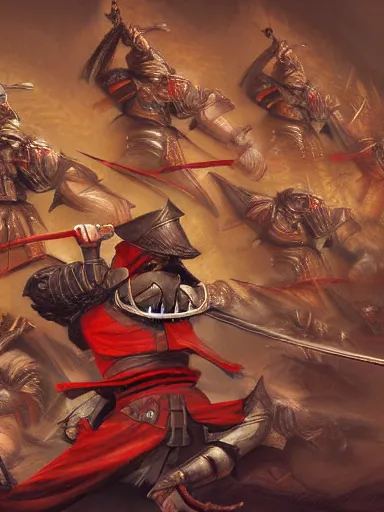 Prompt: one samurai against a wall of pikes. intricate, elegant, highly detailed, digital painting, artstation, concept art, sharp focus, illustration, by justin gerard and artgerm, 8 k