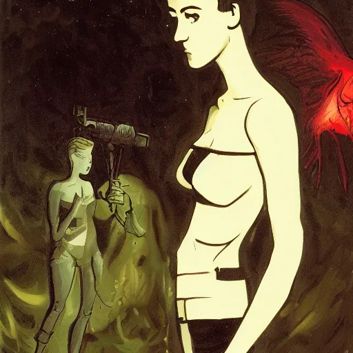 Prompt: short-haired heroic stoic handsome blonde butch tomboy woman engineer standing beside dark fae feathered gothic Jennifer Connelly in garden at night, in love, Mike Mignola, trending on art station, oil painting