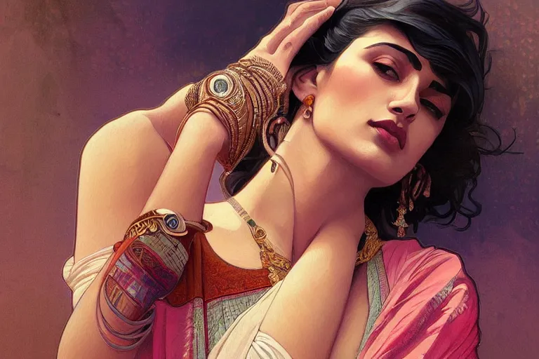 Image similar to sensual pale beautiful indian doctor in jeans, art deco portrait, elegant, intricate, digital painting, artstation, concept art, smooth, sharp focus, illustration, art by artgerm and greg rutkowski and alphonse mucha