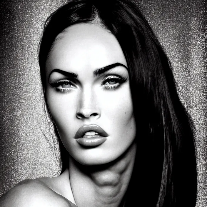 Image similar to photography face portrait of a beautiful woman like megan fox, black and white photography portrait, skin grain detail, high fashion, studio lighting film noir style photography, by richard avedon, and paolo roversi, nick knight, hellmut newton, nobuyo araki, on a tropical wallpaper exotic patern background