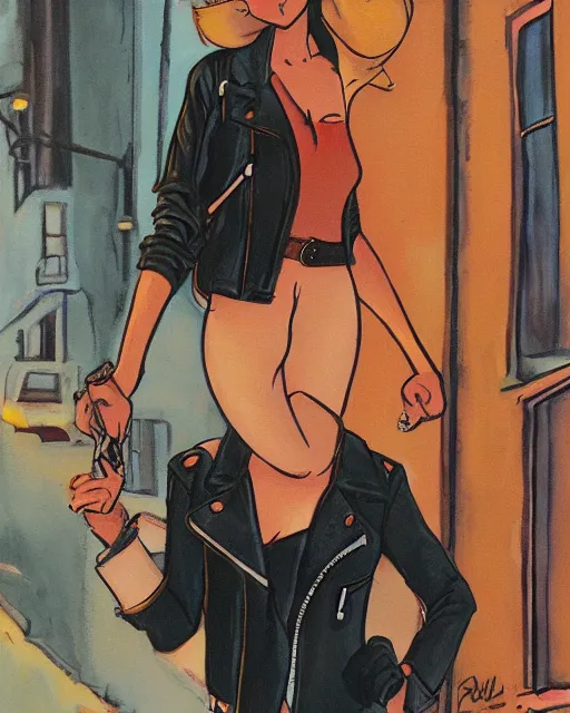 Image similar to young female protagonist in leather jacket, city street, artwork by ralph bakshi