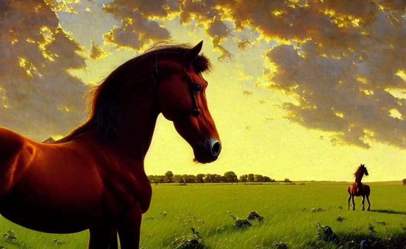 Prompt: a masterpiece oil painting of a horse backlit in a pasture. ultra wide angle, fantasy art, norman rockwell, alex ross, heroic lighting, romance novel cover, very very very beautiful raytraced rendering