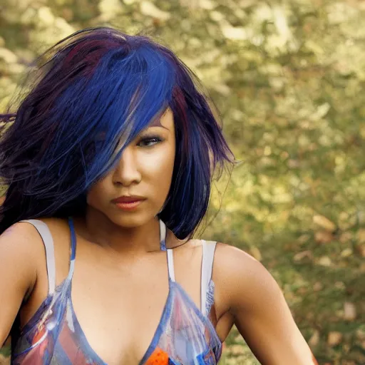 Image similar to portrait of a woman with darker skin with long blue hair and blue eyes, movie still, high definition, colored
