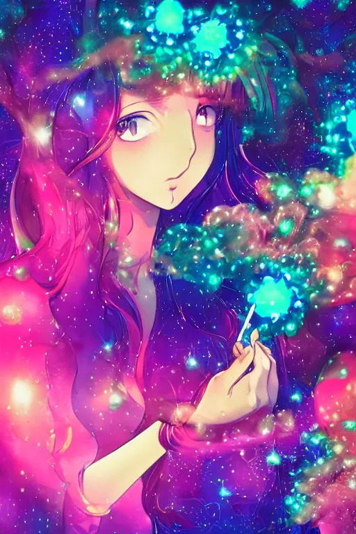 Prompt: psychedelic, whimsical, anime, 4k, beautiful intimate woman blowing smoke, with professional makeup, long trippy hair, a crystal and flower dress, sitting in a reflective pool, surrounded by gems, underneath the stars, rainbow fireflies, trending on patreon, deviantart, twitter, artstation, volumetric lighting, heavy contrast, art style of Ross Tran and Viktoria Gavrilenko