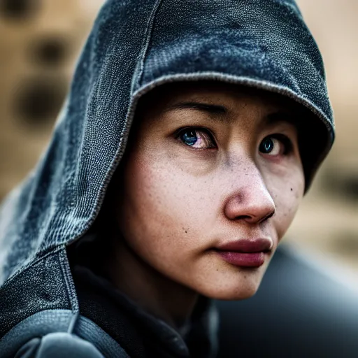 Prompt: photographic portrait of a poor techwear woman, closeup, sigma 85mm f/1.4, 4k, depth of field, high resolution, 4k, 8k, hd, full color