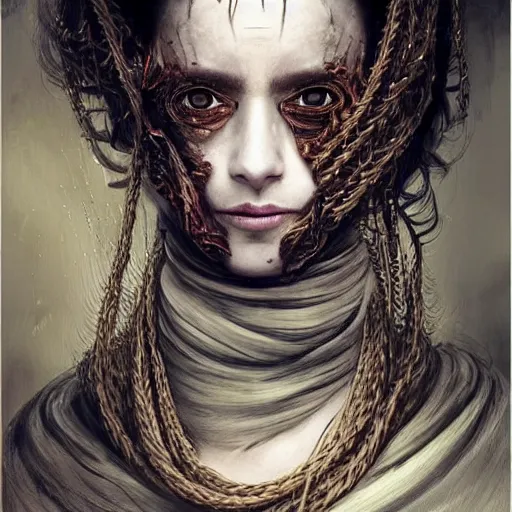 Image similar to portrait of a Shibari rope wrapped face and neck, headshot, insanely nice professional hair style, dramatic hair color, digital painting, of a old 15th century, old cyborg merchant, amber jewels, baroque, ornate clothing, scifi, realistic, hyperdetailed, chiaroscuro, concept art, art by Franz Hals and Jon Foster and Ayami Kojima and Amano and Karol Bak,