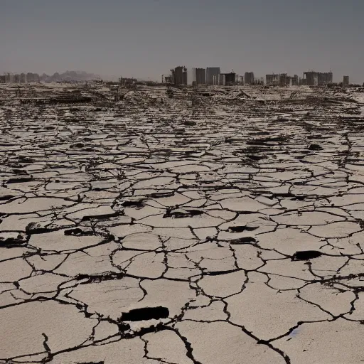 Image similar to apocalyptic beachside city, dried up oceans, desert everywhere, buildings covered in black tar