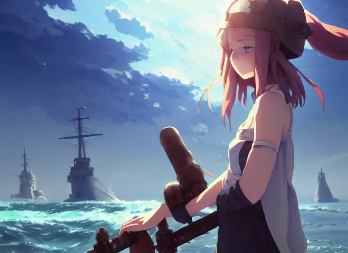 Prompt: inquisitor cute girl looking at the sea, helm of second world war warship in background, illustration concept art anime key visual trending pixiv fanbox by wlop and greg rutkowski and makoto shinkai and studio ghibli and kyoto animation, long hair, grimdark, symmetrical facial features, astral witch clothes, dieselpunk, backlit